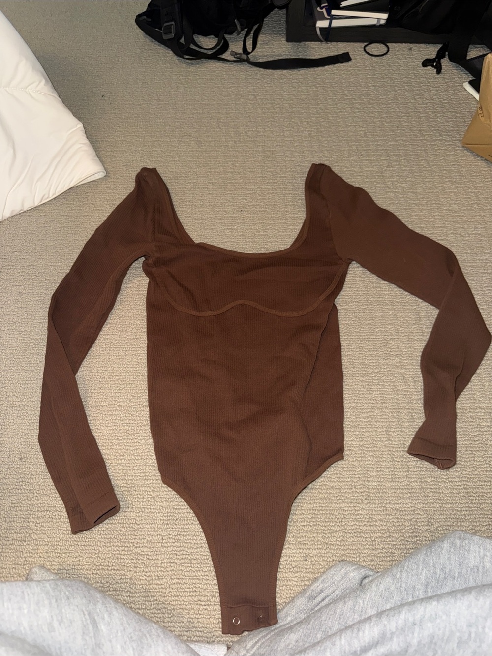 Free People Ribbed Scoop Neck Long Sleeve Brown Bodysuit